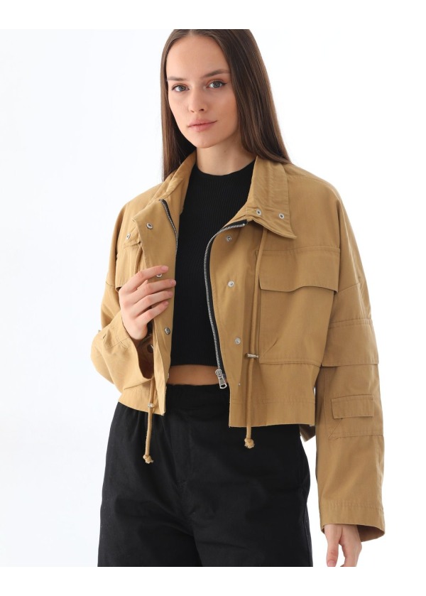 Crop Cep Detaylı Fermuarlı Cıtcıtlı Gabardin Hardal İnce Ceket 