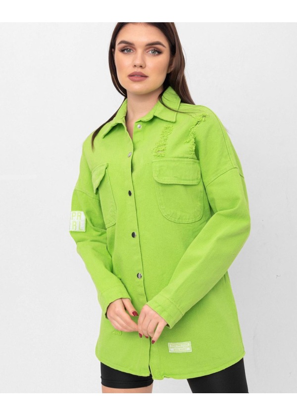 Eskitmeli Oversize Gabardin Fıstık Yeşili Kadın Gömlek 