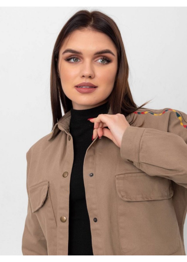 Nakış Detay Cepli Çıtcıtlı Kadın Vizon Gömlek