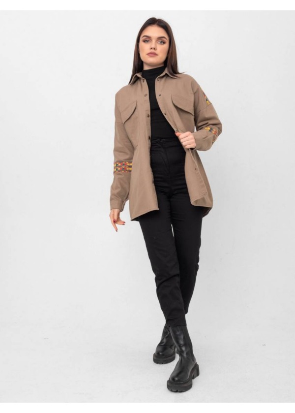 Nakış Detay Cepli Çıtcıtlı Kadın Kahve Gömlek 