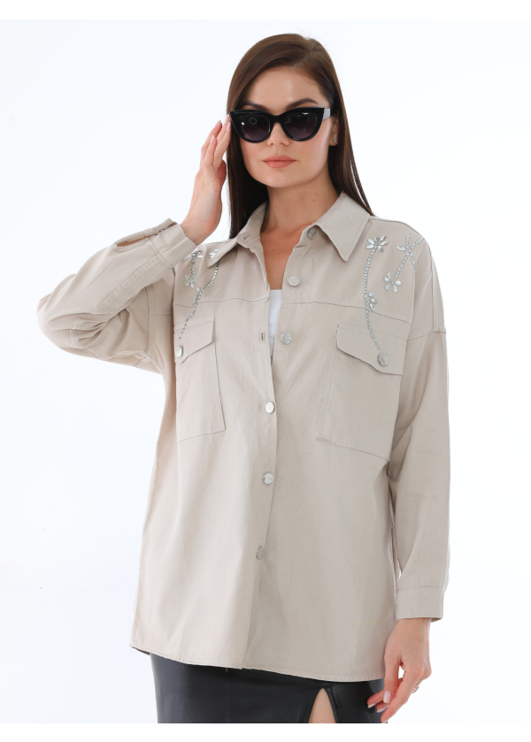 Taşlı Çift Cep Gümüş Düğme Kadın Vizon Gömlek