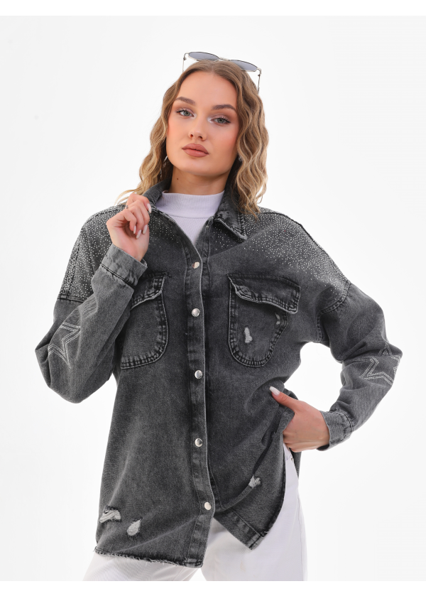 Taş İşlemeli Kadın Antrasit Kot Gömlek