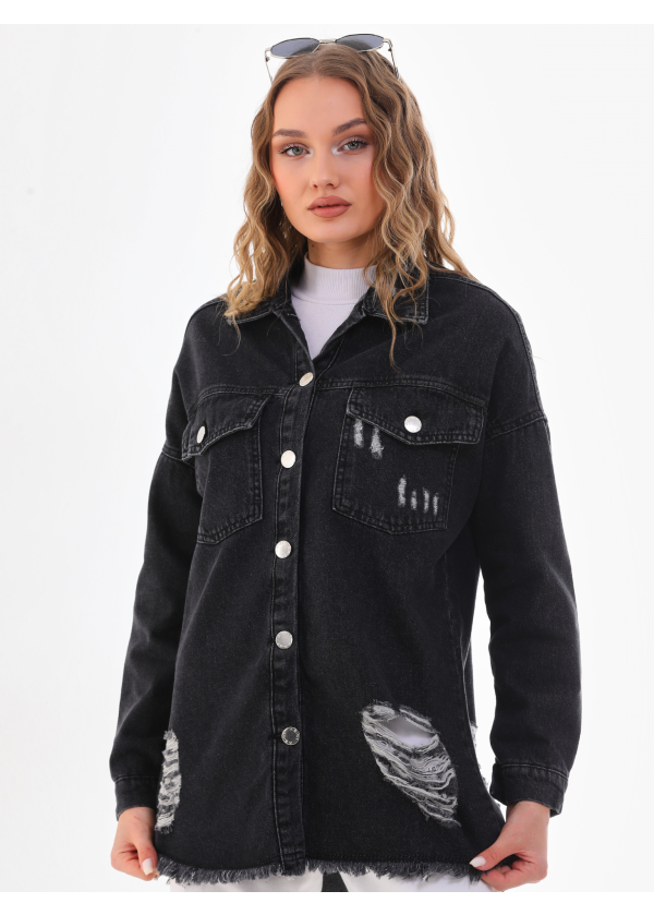 Çift Cepli Düğmeli Lazerli Siyah Kot Gömlek