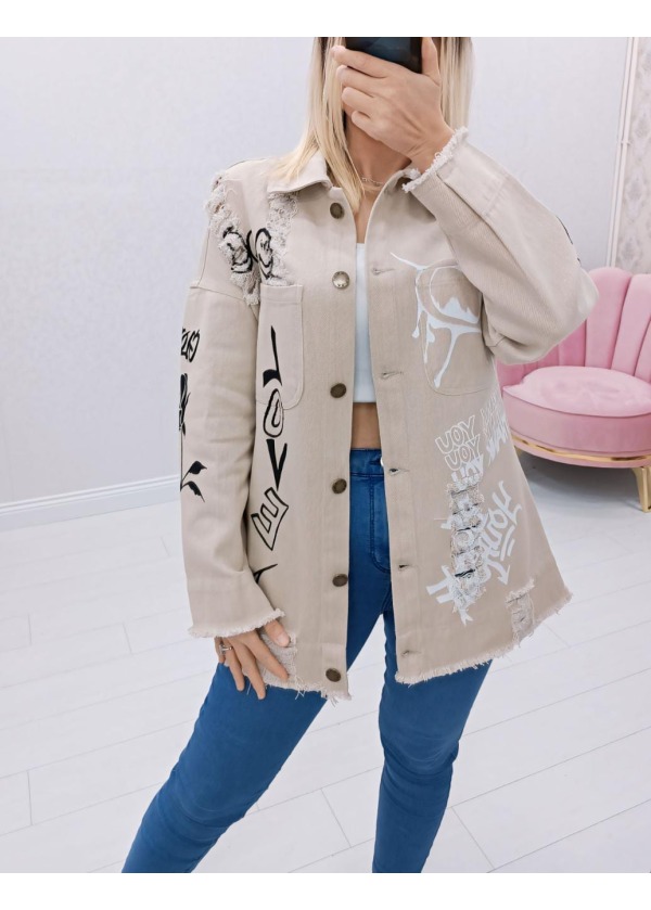 Tasarım El Baskı Detaylı Denim Taş Kot Ceket