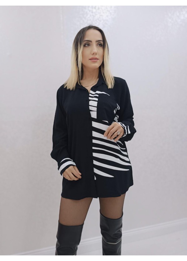Çizgi Detay Cepli Kadın Siyah Viskon Gömlek