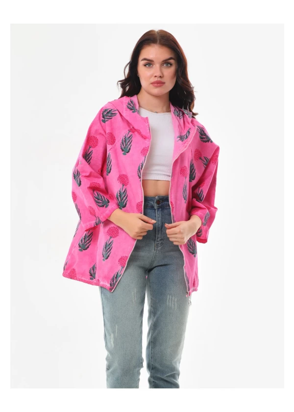 Ponpon Desen Yağ Yıkama Cepli Fermuarlı Kapüşonlu Pembe Salaş Ceket 