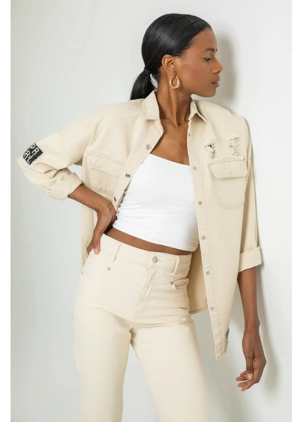Eskitmeli Oversize Gabardin Ekru Kadın Gömlek