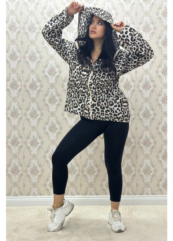 Leopar Desen Yan Cepli Kapüşonlu Uzun Salaş Kahverengi Spor Ceket
