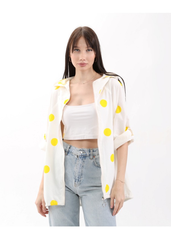 Puantiye Desen Kapüşonlu Fermuarlı Balon Cepli Kadın Sarı Salaş Ceket