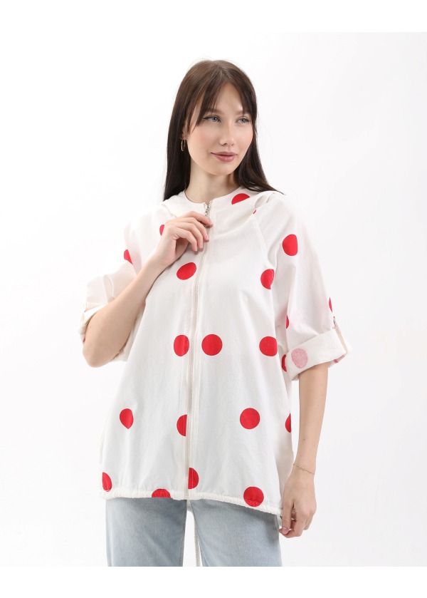 Puantiye Desen Kapüşonlu Fermuarlı Balon Cepli Kadın Kırmızı Salaş Ceket