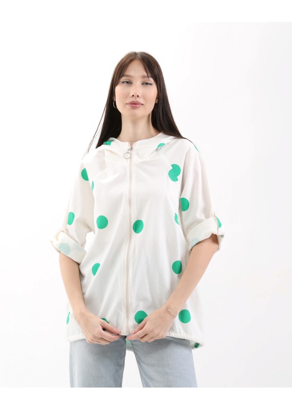 Puantiye Desen Kapüşonlu Fermuarlı Balon Cepli Kadın Yeşil Salaş Ceket