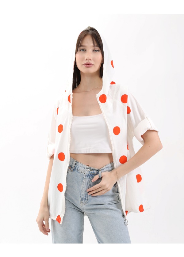 Puantiye Desen Kapüşonlu Fermuarlı Balon Cepli Kadın Turuncu Salaş Ceket