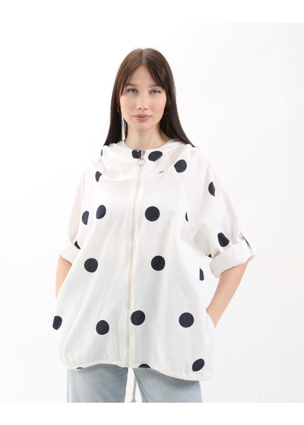 Puantiye Desen Kapüşonlu Fermuarlı Balon Cepli Kadın Siyah Salaş Ceket