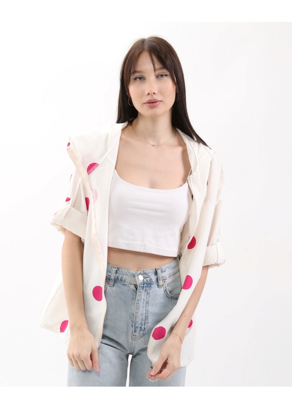 Puantiye Desen Kapüşonlu Fermuarlı Balon Cepli Fuşya Salaş Ceket