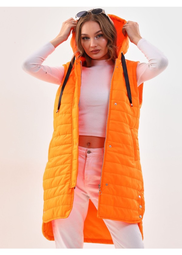 Kapüşonlu Uzun Oranj Şişme Yelek 
