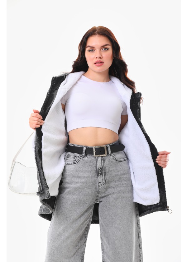 İçi Kürkü Jordan Baskılı Uzun Kapüşonlu Fermuarlı Salaş Ceket 