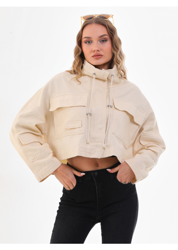 Crop Cep Detaylı Farmuarlı Cıtcıtlı Gabardin Ekru Ceket