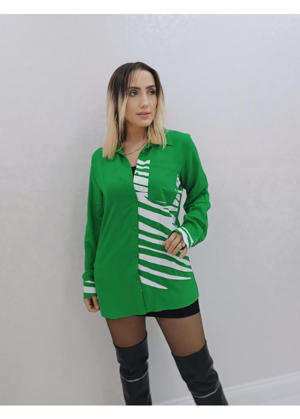 Çizgi Detay Cepli Kadın Yeşil Viskon Gömlek