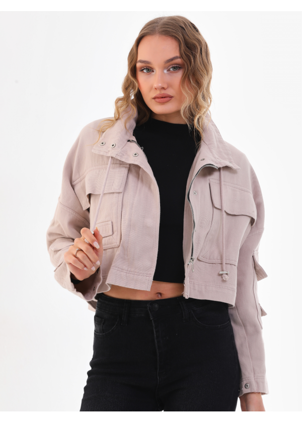 Crop Cep Detaylı Farmuarlı Cıtcıtlı Gabardin Taş Ceket 