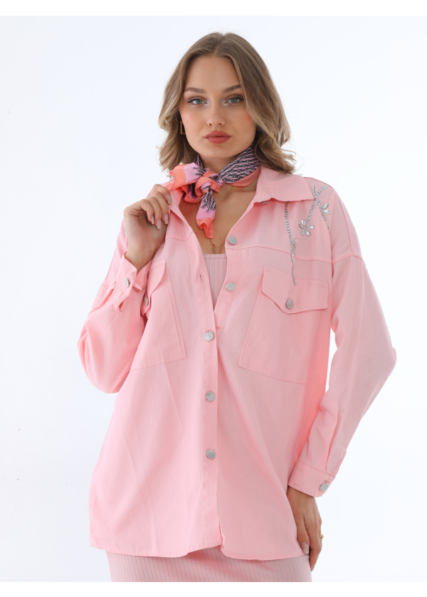 Taşlı Çift Cep Gümüş Düğme Kadın Pembe Gömlek 