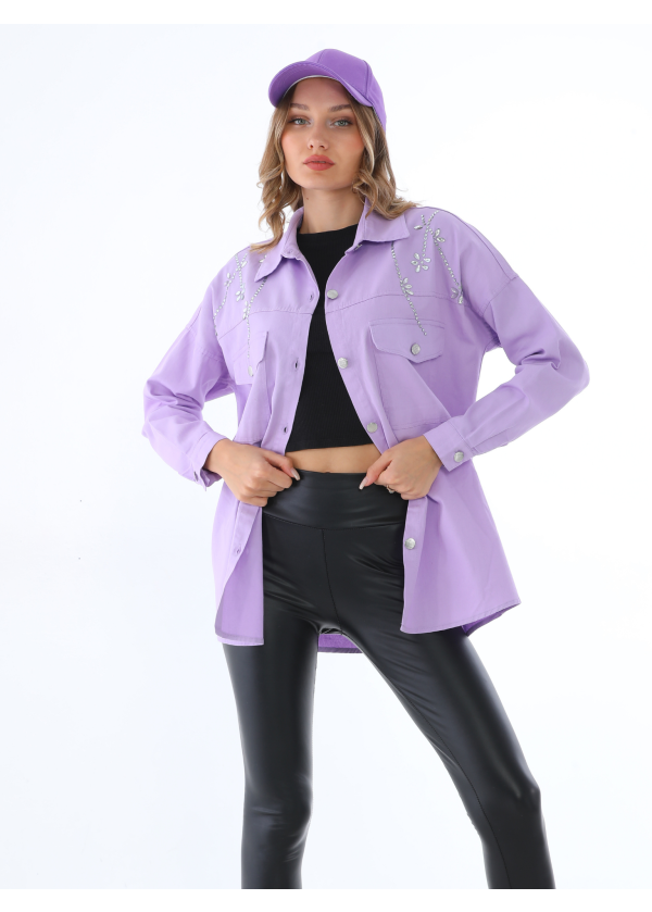 Taşlı Çift Cep Gümüş Düğme Kadın Lila Gömlek 