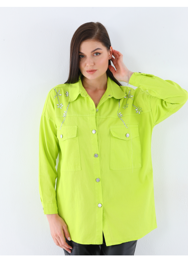 Taşlı Çift Cep Gümüş Düğme Kadın Fıstık Yeşil Gömlek