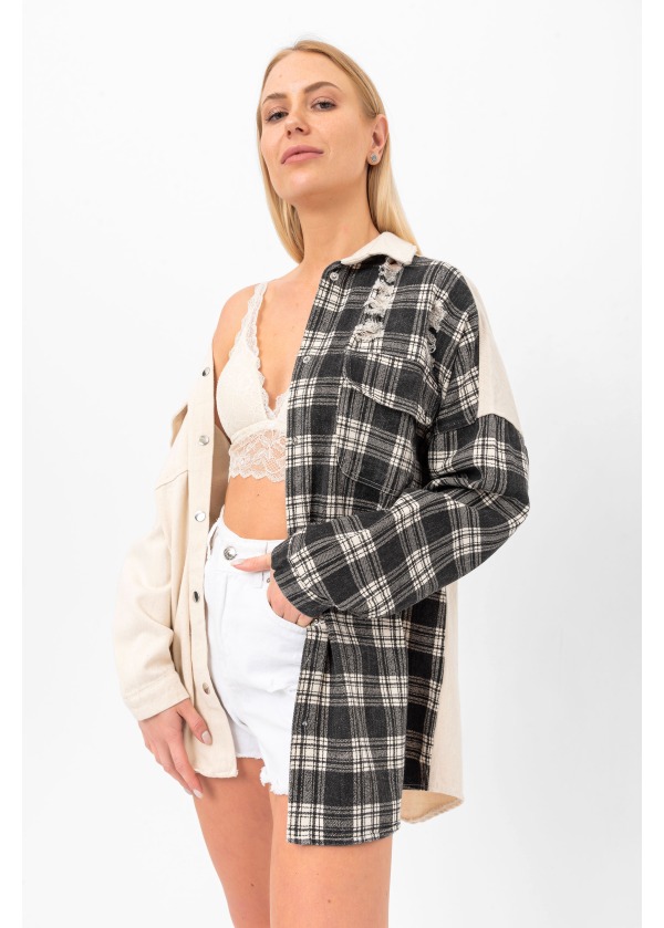 Çift Renk Ekose Arma Detay Eskitme Gömlek