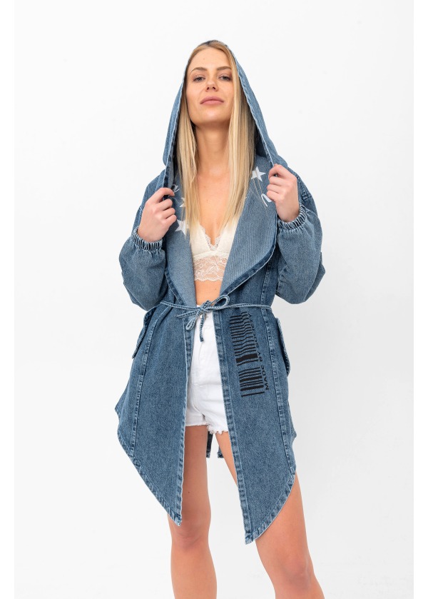 Belden Bağlamalı Kapüşonlu Salaş Uzun Kot Ceket