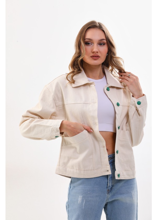 Kelebek Baskı Detaylı Cepli Renkli Düğme Kapüşonlu Benotton Ceket 