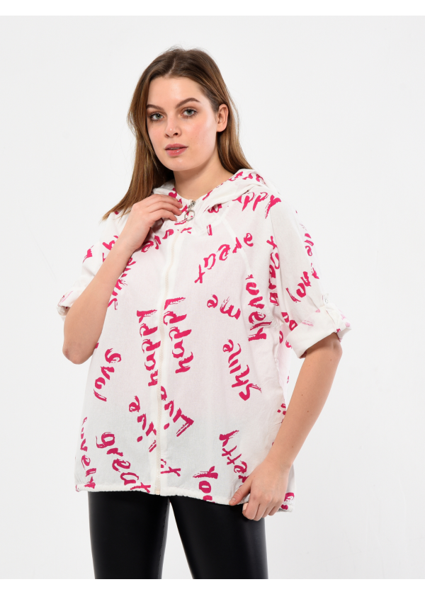 Yazı Desen Kapüşonlu Fermuarlı Fuşya Kadın Salaş Ceket