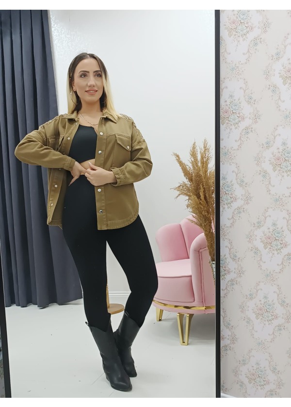 Nakış Detaylı Gabardin Cıtcıt Düğmeli Kahve Gömlek 