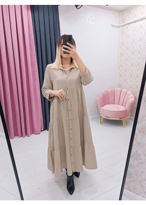 Fırfır Düğme Detay Kadın Midi Taş Elbise