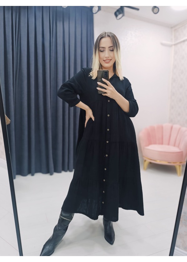 Fırfır Düğme Detay Kadın Midi Siyah Elbise
