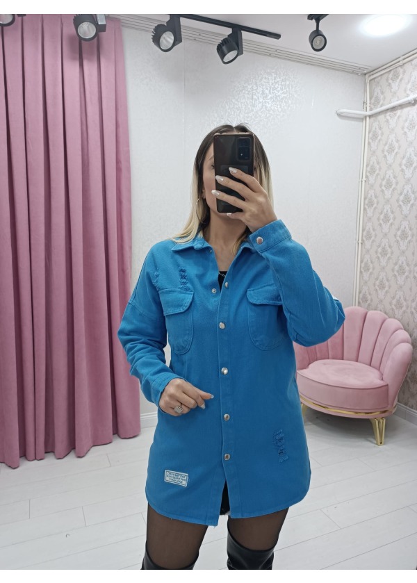 Eskitmeli Oversize Gabardin Mavi Kadın Gömlek