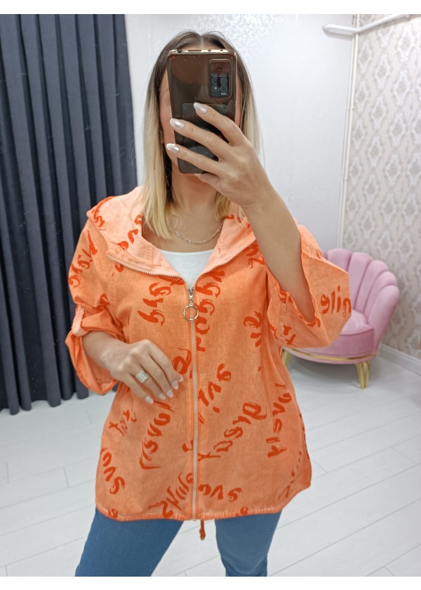 Yazı Desen Yağ Yıkama Kapüşonlu Fermuarlı Turuncu Salaş Ceket