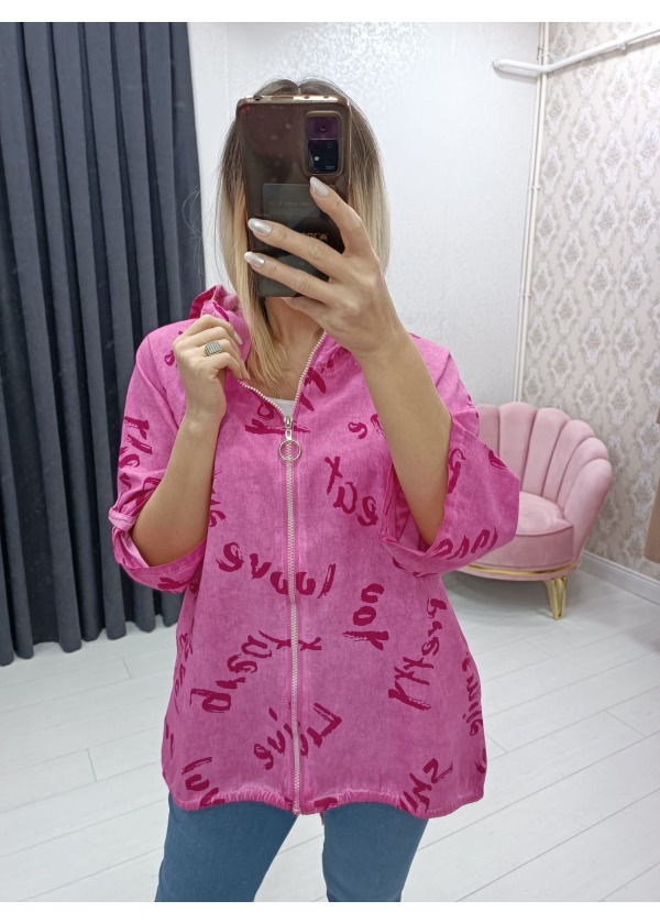 Yazı Desen Yağ Yıkama Kapüşonlu Fermuarlı Fuşya Salaş Ceket