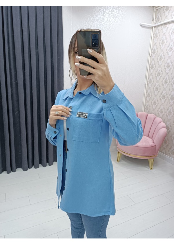 Çift Cepli Baskı Detay Çıtçıt Düğmeli Kadın Mavi Gömlek