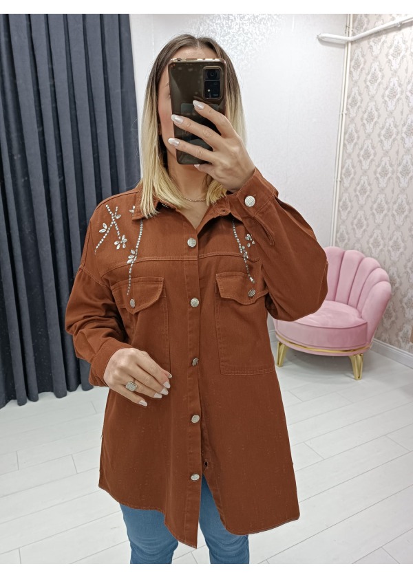 Taşlı Çift Cep Gümüş Düğme Kadın Kahve Gömlek