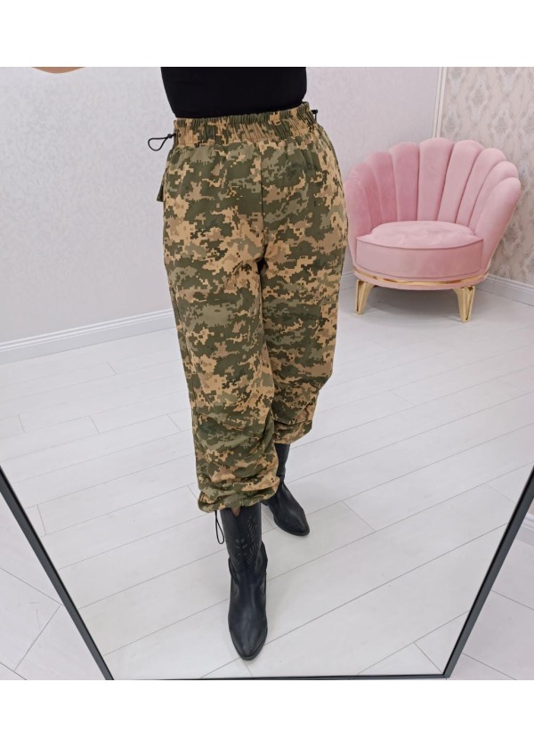 Lastik Paça Yan ve Arka Cep Detaylı Kamuflaj Paraşut Pantolon 
