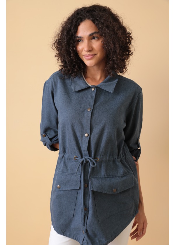 Sırt Baskı Detaylı Belden Bağlamalı Cift Cepli Düğmeli Lacivert Uzun Salaş Gömlek