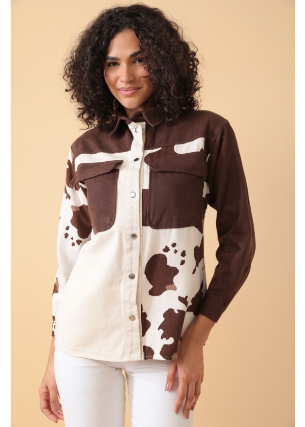 Desen Detaylı Cepli Şık Kadın Kahverengi Gömlek