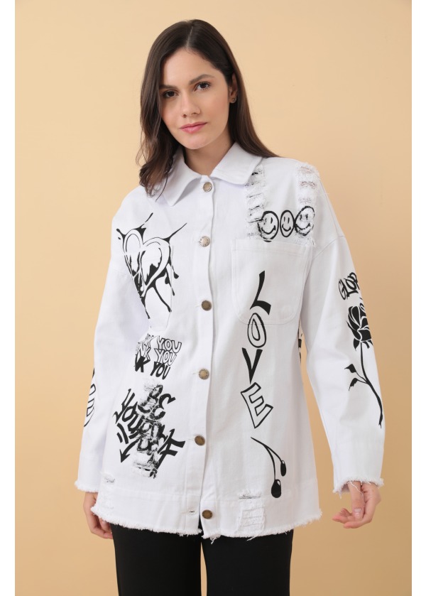Tasarım El Baskı Detaylı Denim Beyaz Kot Ceket 