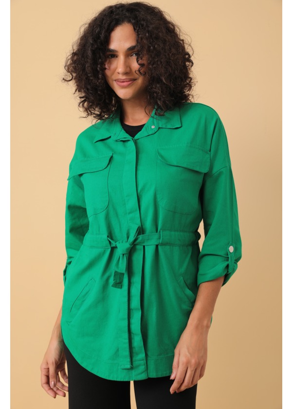 Belden Bağlamalı Kuşak Detaylı Yeşil Kadın Gömlek