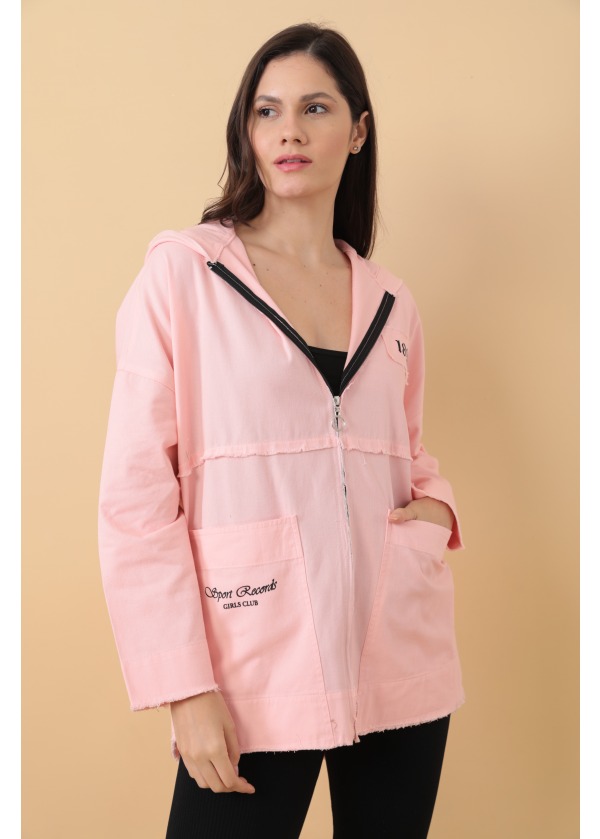 Cepli Kopüşonlu Sayı Baskılı Kadın Pembe Salaş Ceket 