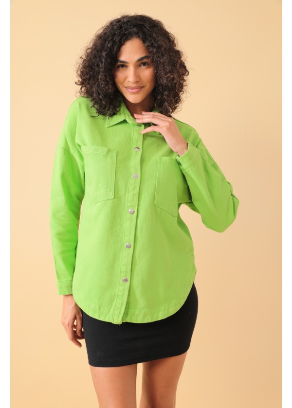 Çift Cepli Gabardin Fıstık Yeşil Kalın Gömlek