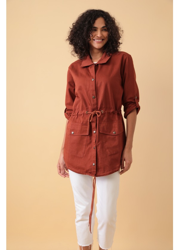 Sırt Baskı Detaylı Belden Bağlamalı Cift Cepli Düğmeli Tarçın Uzun Salaş Gömlek