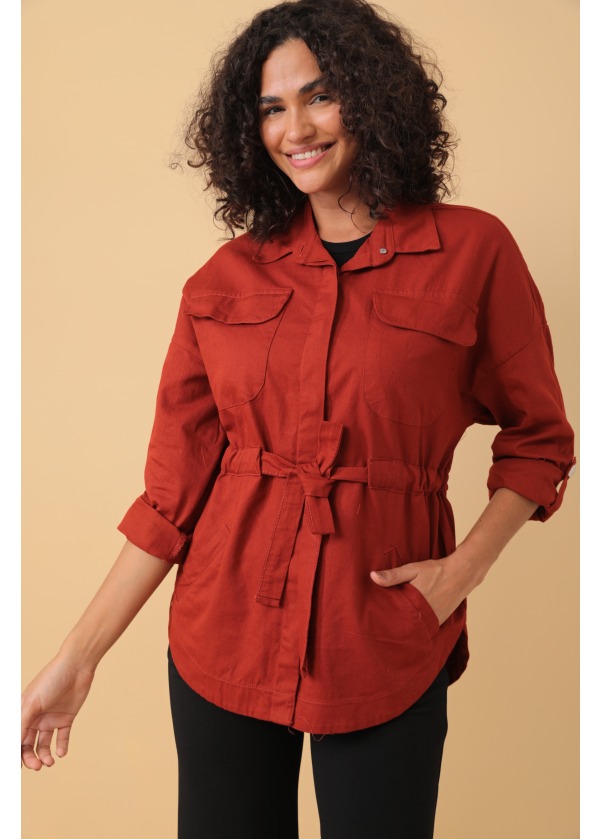 Belden Bağlamalı Kuşak Detaylı Kiremit Kadın Gömlek
