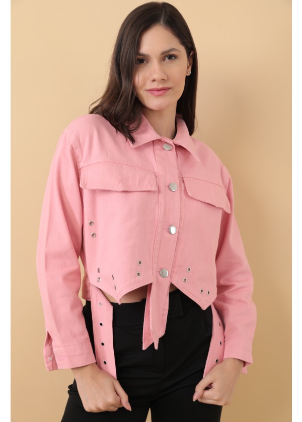 Tasarım Kadın Pembe Kot Crop Ceket 