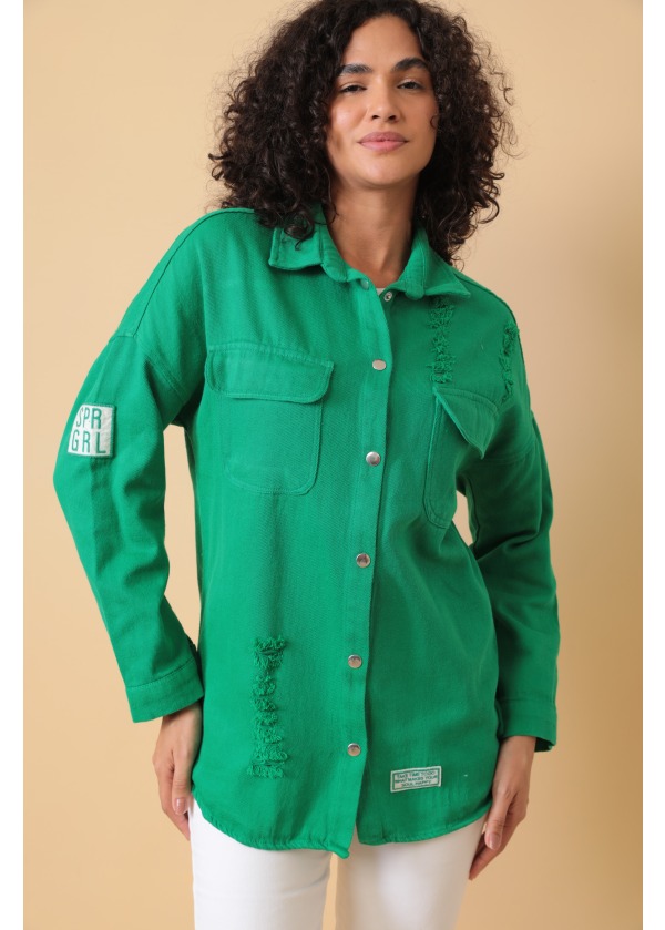 Eskitmeli Oversize Gabardin Yeşil Kadın Gömlek