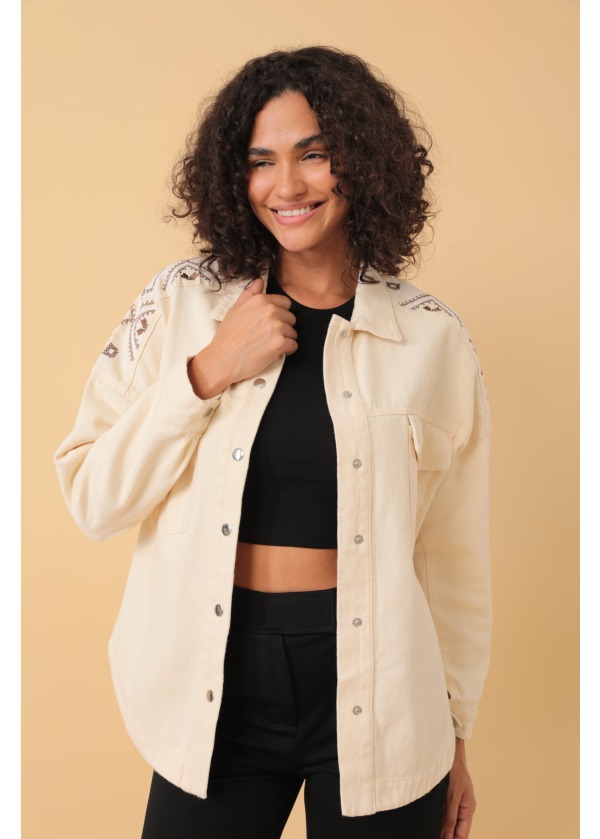 Nakış Detaylı Gabardin Cıtcıt Düğmeli Taş Gömlek 